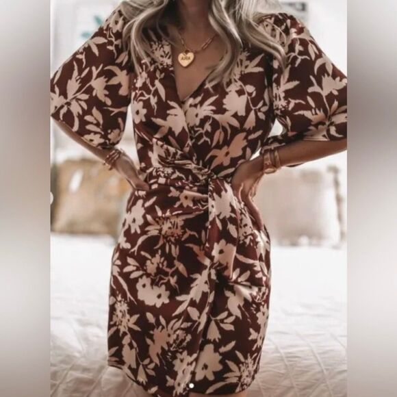 Zara Blogger's Favorite Satin Watercolor Floral Knotted Faux Wrap Mini Dress S - Picture 2 of 10